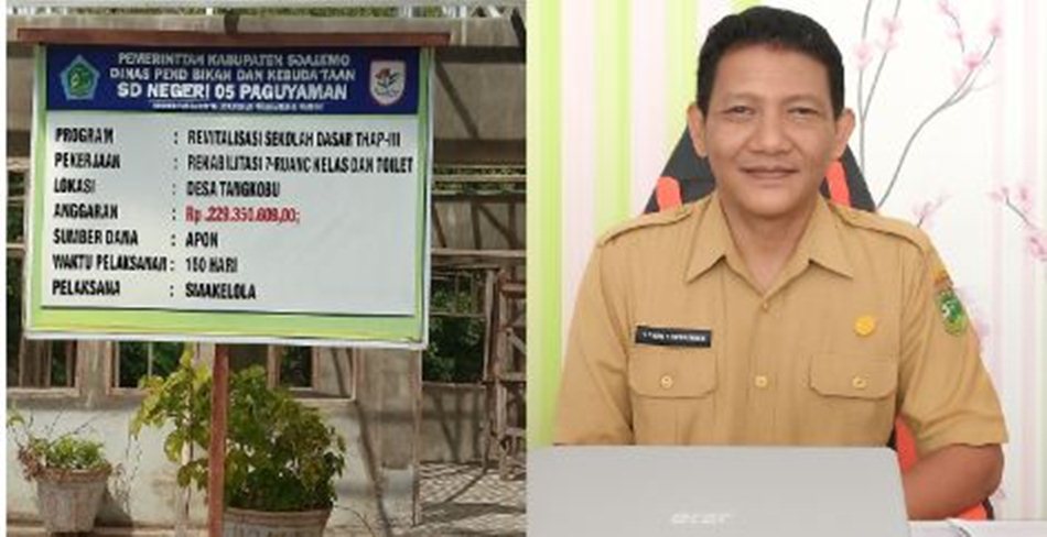 Kepala SDN 06 Paguyaman, Sofyan Z. Utiarahman dan proyek pembangunan rehabilitasi tujuh ruang kelas baru.(F:dok)