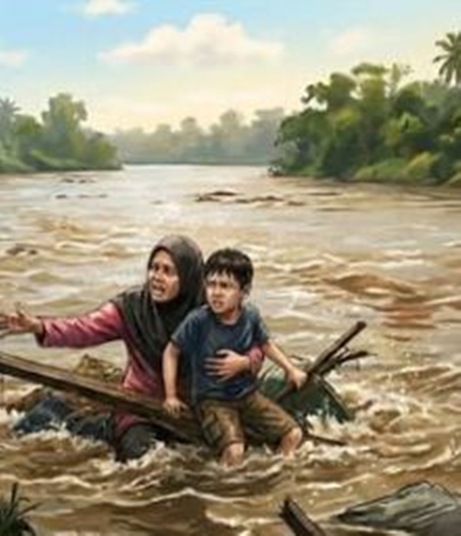 Ibu dan anak hanyut saat mereka pulang dari kebun menuju rumah dikampung..(F:ilustrasi FB)