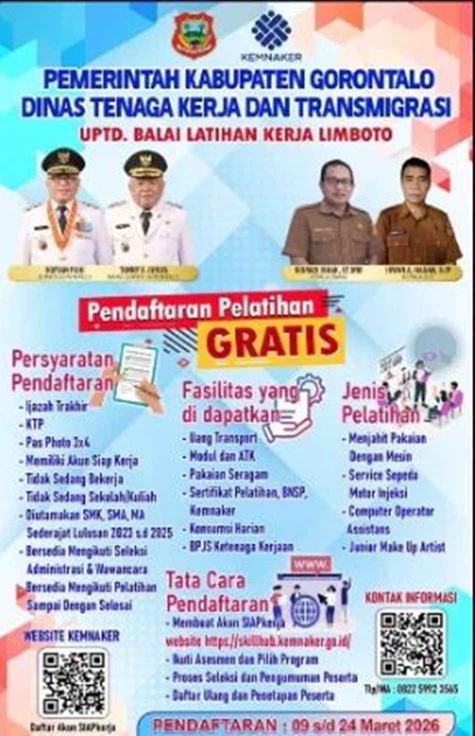 Pemerintah Kabupaten Gorontalo melalui Dinas Tenaga Kerja dan  Transmigrasi membuka program pelatihan kerja gratis di UPTD Balai Latihan Kerja (BLK)  Limboto.(F:;Kmfo)