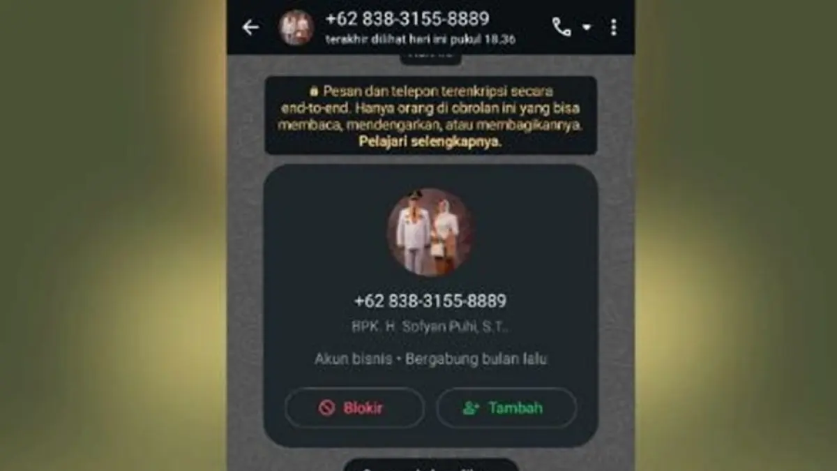 Akun WhatsApp yang mencatut nama Bupati Sofyan Puhi.(F:Dkmfo)