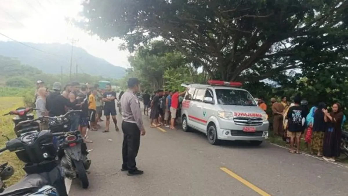 Suasana di lokasi kejadian Lakalantas tunggal di Jalan Trans Sulawesi yang menyebabkan seorang penumpang tewas di Lokasi kejadian.(F:Hms-Pol)