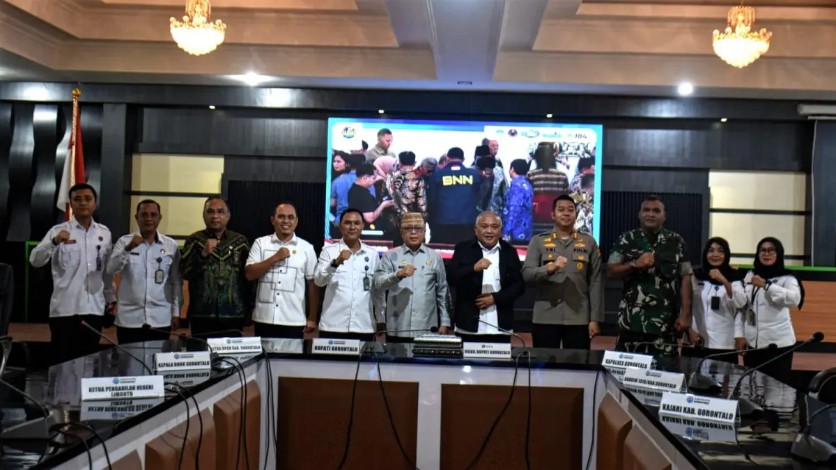 Penguatan program Pencegahan, Pemberantasan, Penyalahgunaan, dan Peredaran Gelap Narkotika (P4GN) pada peringatan Hari Anti Narkotika Internasional (HANI) 2026 dihadiri Bupati Gorontalo Sofyan Puhi dan Wakil Bupati Tonny Junus.(FDiskmfo)