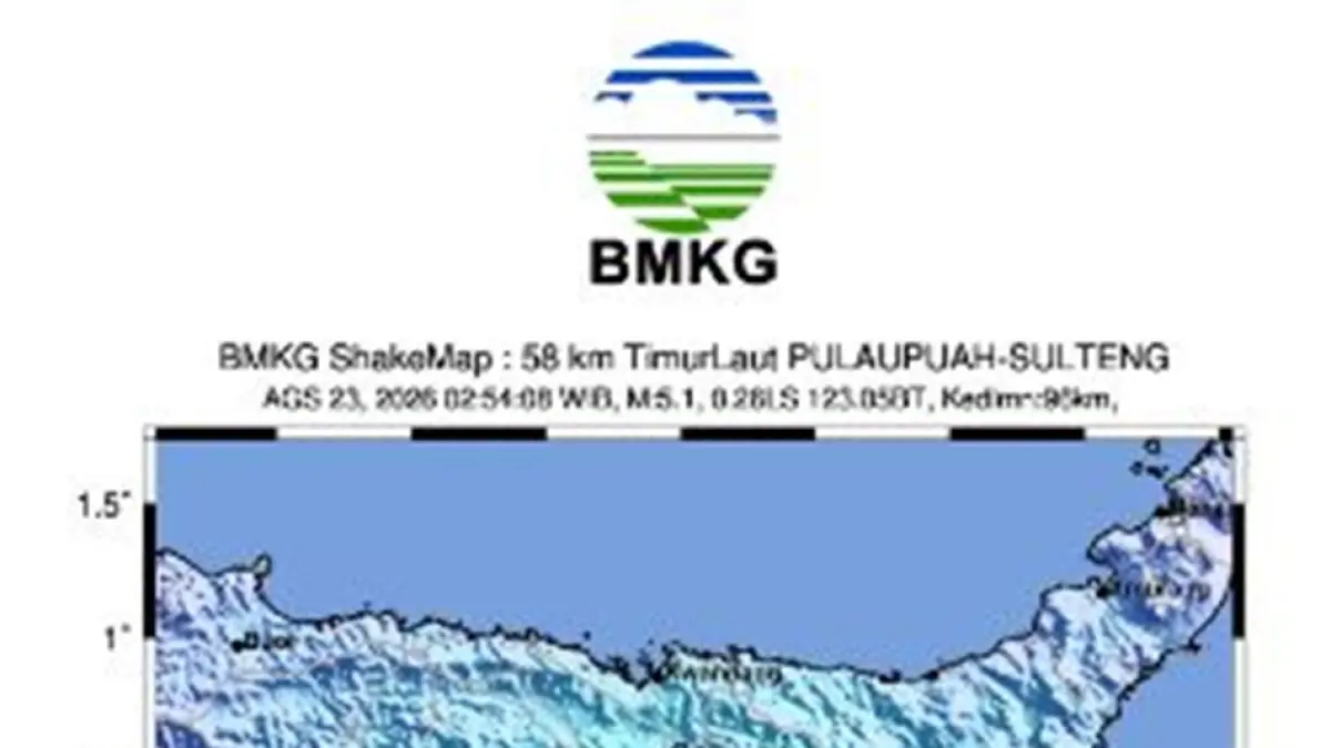 Lokasi episenter berada di koordinat 0,26° LS dan 123,05° BT, atau sekitar 58 kilometer timur laut Pulau Puah, Sulawesi Tengah.(F:BMKG)