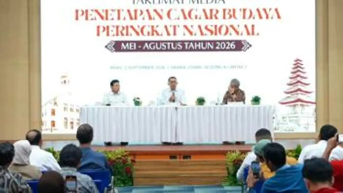 Menteri Kebudayaan Fadli Zon dalam Taklimat Media Penetapan Cagar Budaya Peringkat Nasional Mei-Agustus 2026 di Graha Utama Kompleks Kementerian Kebudayaan, Senayan, Jakarta.(F:Istimewa)