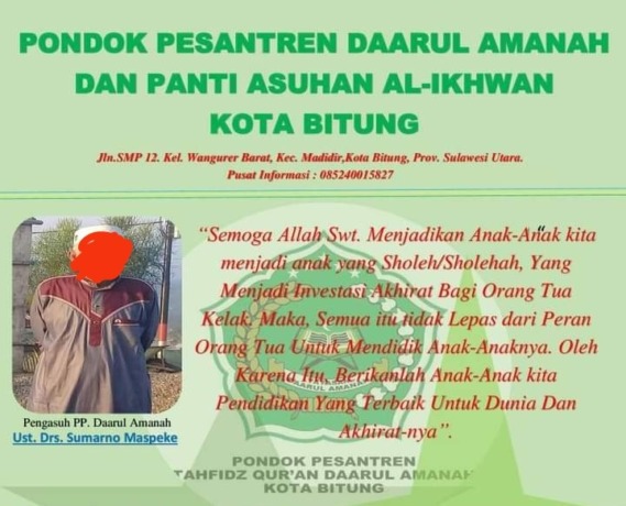 Selebaran tersangka yang berisi ajakan mendidik anak beredar di grup whatsapp. Pasalnya dalam selebaran itu berlabel pondok pesantren. Tersangka juga tertulis sebagai pengasuh pondok pesantren tersebut.