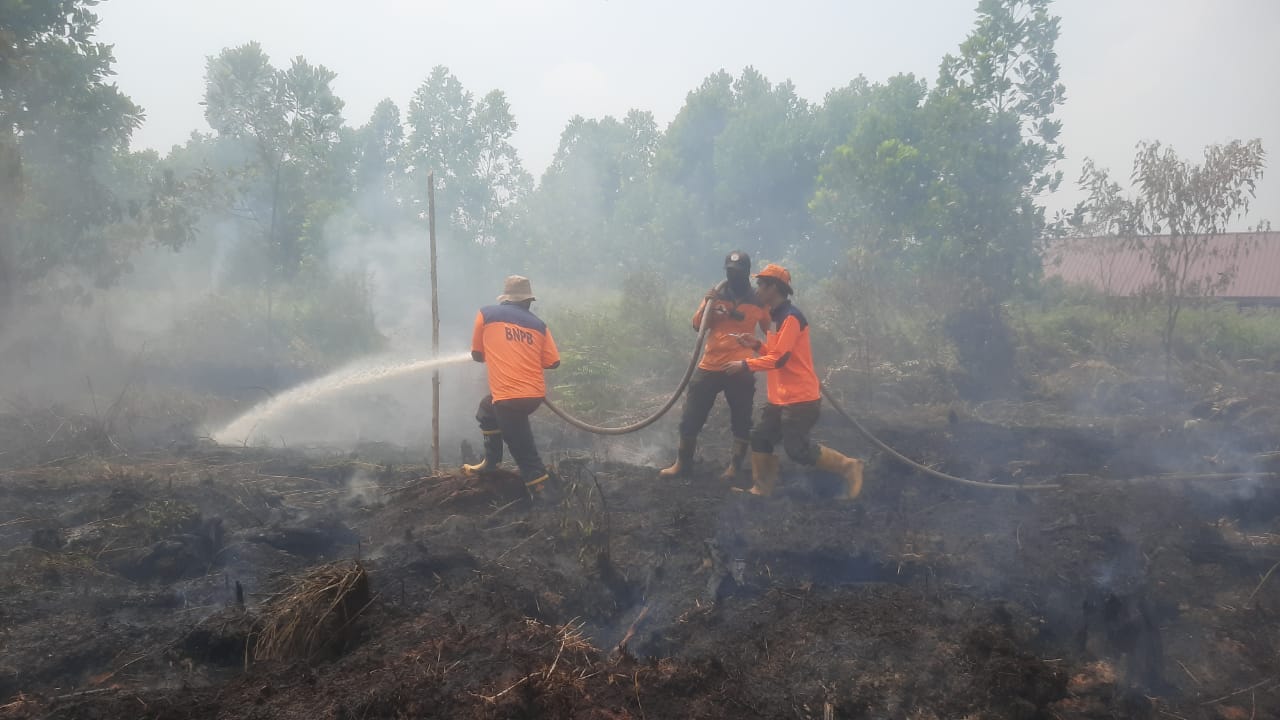 Tim pemadam BPBD Kalbar saat memadamkan karhutla yang terjadi di belakang SMAN 4 Sungai Raya, Kubu Raya, Senin (21/8).