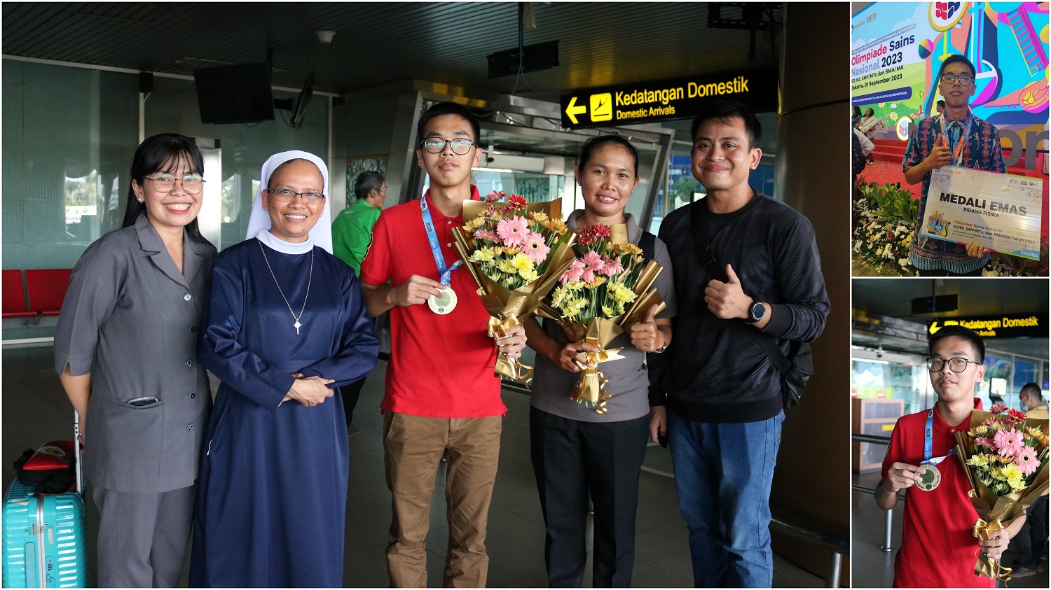 BERPRESTASI: Penyambutan Stanley, peraih medali emas fisika ajang OSN 2023. Dari kiri ke kanan, Rolah, Sr. Dionesia KFS, Stanley, Ronny dan Sabianto. ISTMEWA