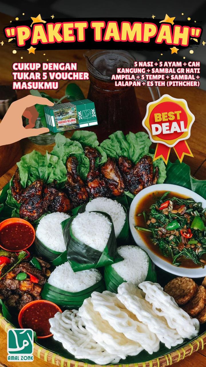 PROMO: Menu paket tampah ayam bakar yang bisa ditukarkan dengan 5 voucher masuk di destinasi wisata alam Amal Zone.