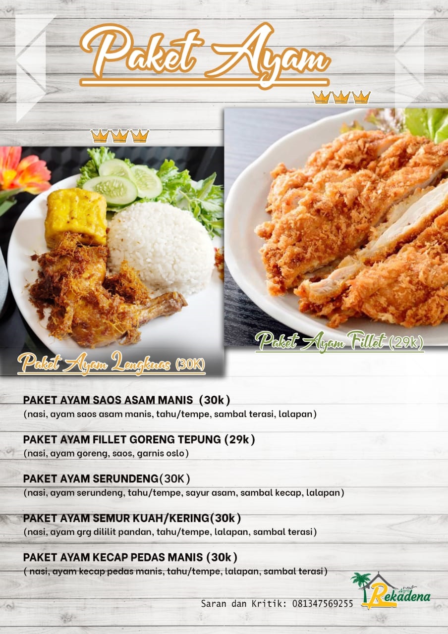MENU ANDALAN: Paket menu olahan ayam di Rekadena Resto Taman Agrowisata Rekadena.