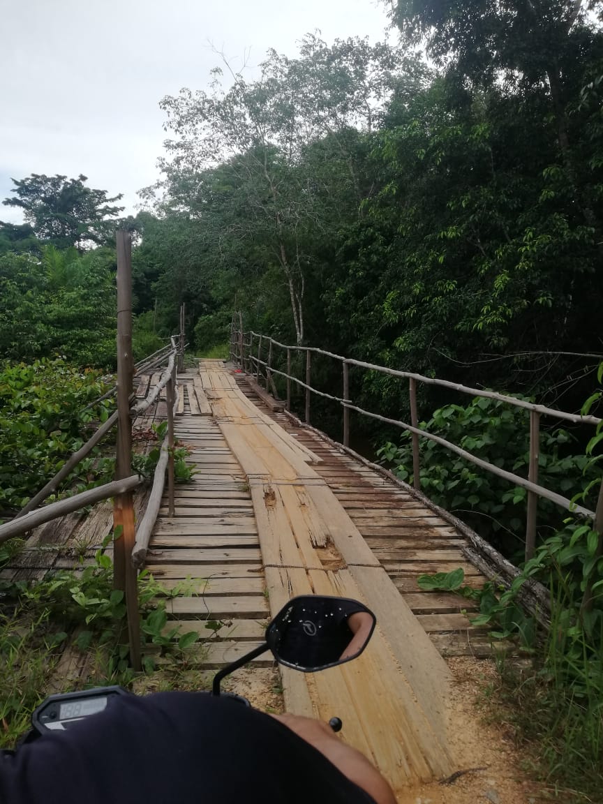 Jembatan kayu (jembatan sementara) diperlihatkan anggota DPRD Kalbar, Hendri Makaluas di jalur jalan Balai Sebut-Balai Sekuak.