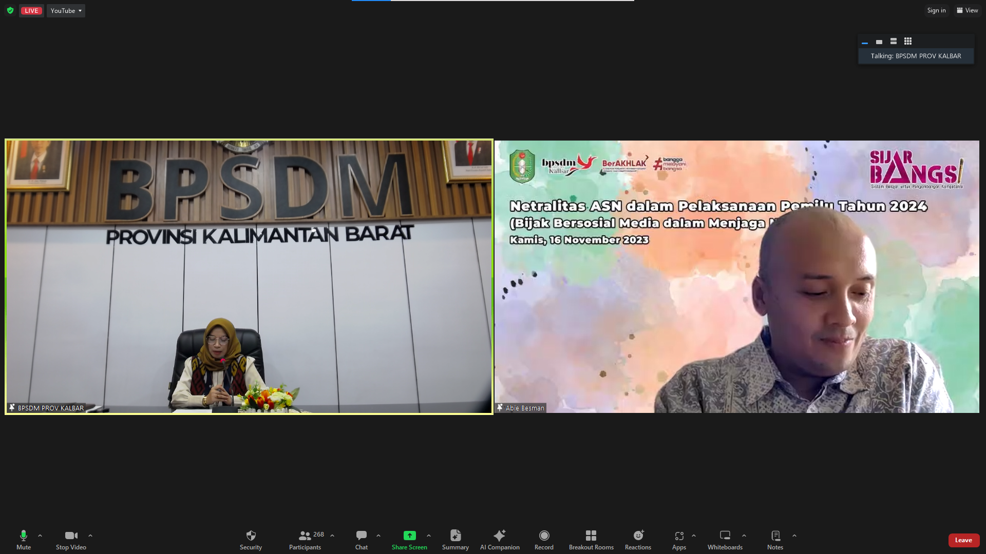 VIRTUAL SHARING: BPSDM Kalbar mengadakan kegiatan virtual sharing seri 8, Kamis (16/11).