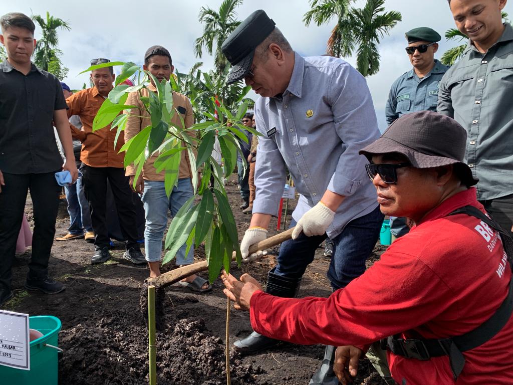 Pj Gubernur Kalbar Harisson bersama Sekjen Kementerian KLHK Bambang Hendroyono, dan para pejabat lainnya saat mengikuti penanaman pohon serentak se-Indonesia di Desa Wajok Hulu, Kecamatan Jungkat.