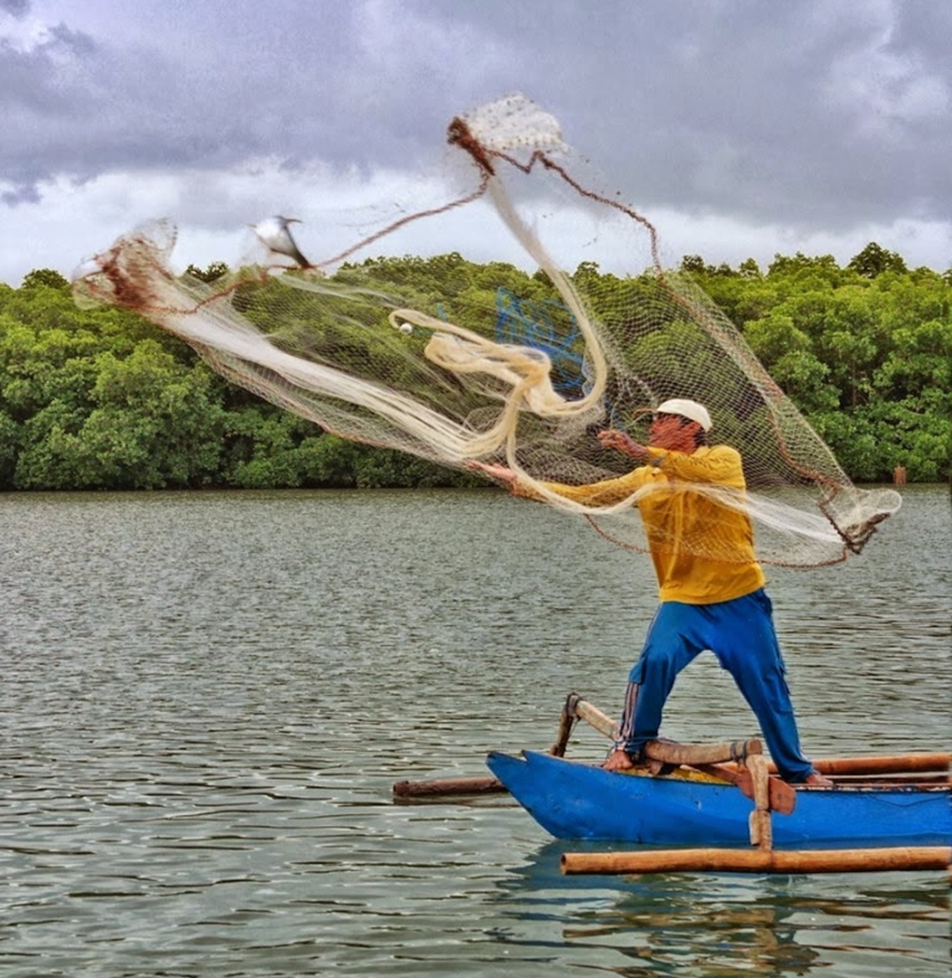 Nelayan Rawa sedang menangkap ikan dengan cara menjala.