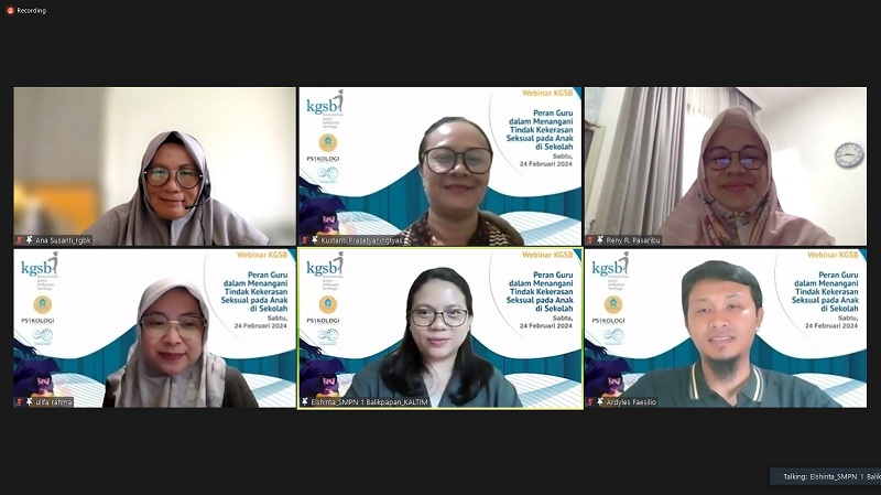 Webinar Komunitas Guru Satkaara Berbagi (KGSB) terkait penanganan kekerasan seksual anak di sekolah.