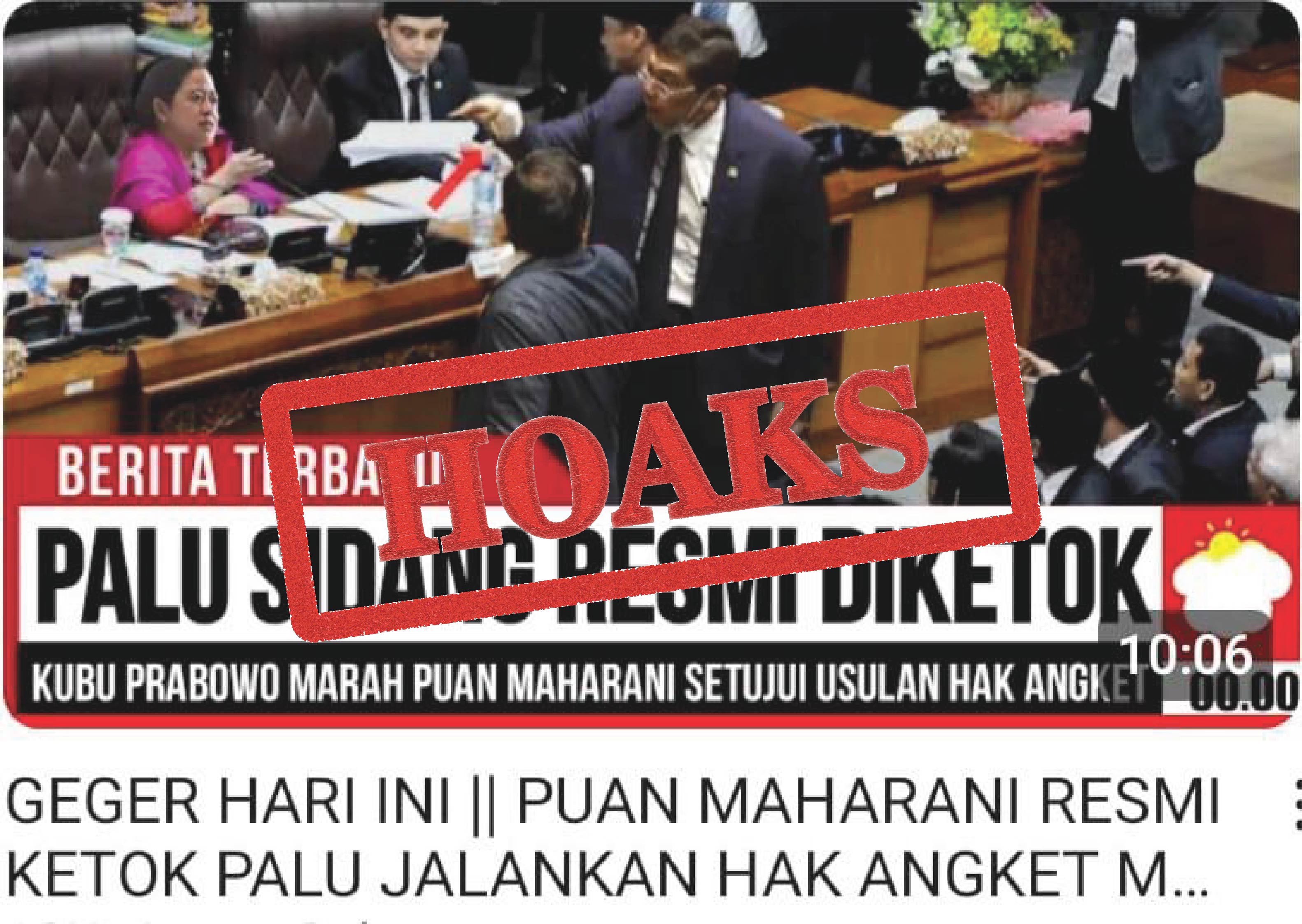 Sebuah video menampilkan thumbnail foto Puan Maharani berada di ruang sidang dengan narasi yang menyatakan kubu Prabowo marah akibat Puan Maharani setujui usulan hak angket.