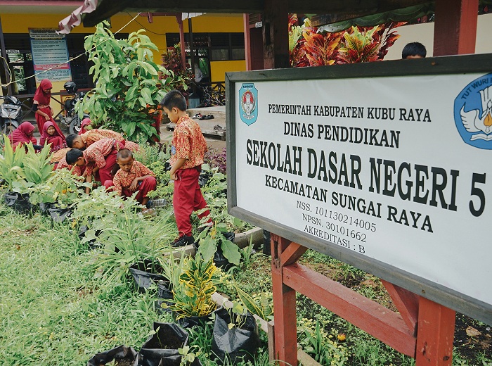 CINTA LINGKUNGAN: Murid di SD Negeri 5, Patok 21, Desa Limbung membersihkan halaman sekolahnya.