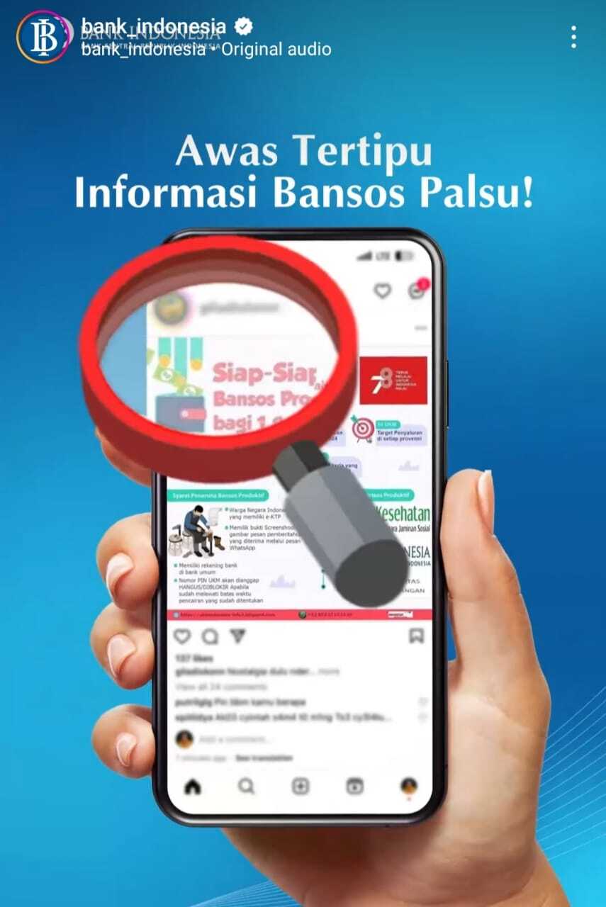 Penjelasan Bank Indonesia di Instagram resmi terhadap berita palsu bansos yang tersebar di media sosial dan pesan berantai WhatsApp.