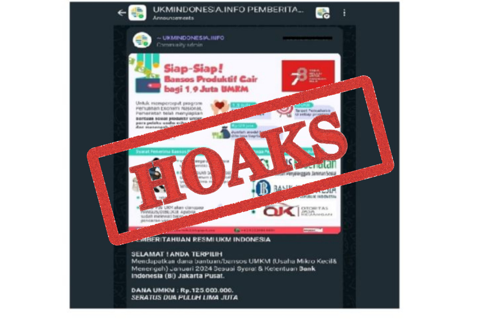 Pesan berantai yang mengklaim bahwa Bank Indonesia memberikan bansos produktif ke pelaku UMKM.
