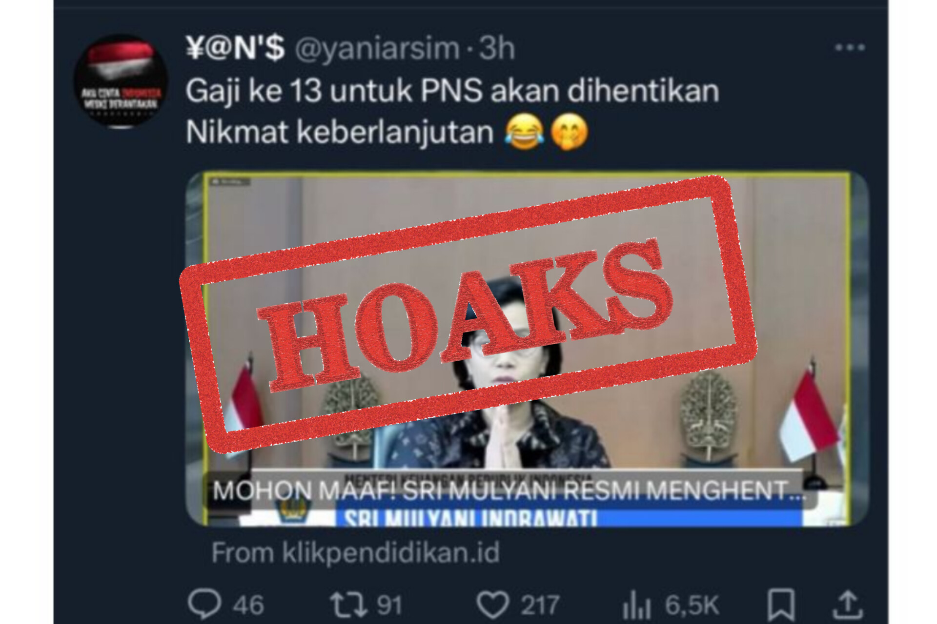 Unggahan di X menarasikan Menteri Keuangan Sri Mulyani resmi menghentikan gaji ke-13 bagi Pegawai Negeri Sipil (PNS).