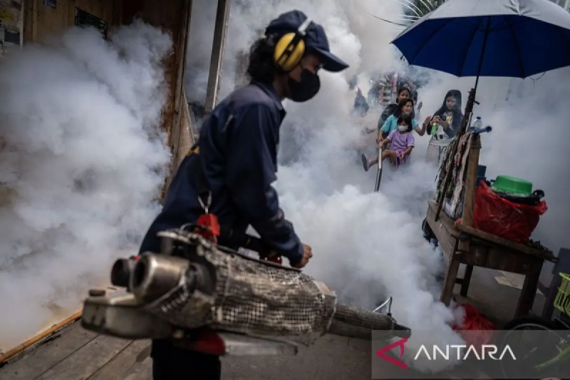 FOGGING: Seorang petugas melakukan pengasapan (fogging) di kawasan permukiman. Pengasapan tersebut untuk memberantas nyamuk Aedes aegypti dalam upaya mencegah wabah DBD.