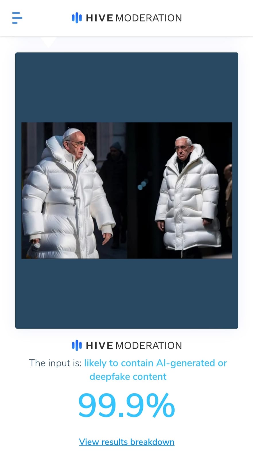 Gambar Paus Fransiskus dicek menggunakan tools Hive Moderation, menunjukkan persentase probabilitas rekayasa AI sebesar 99,9%.