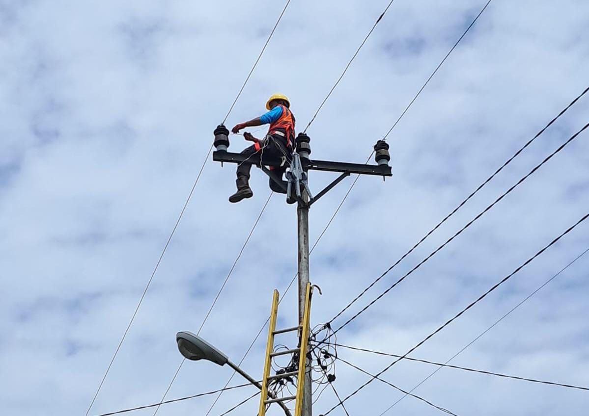 Petugas PLN sedang melakukan pemeliharaan pada Jaringan Tegangan Menengah (JTM) di wilayah Bengkayang (22/07).