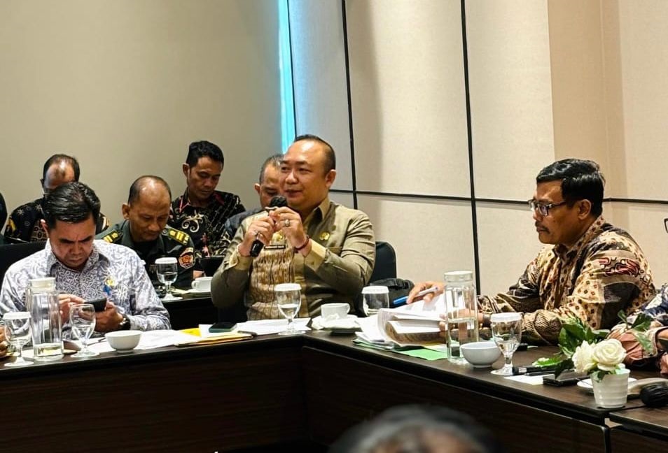 PAPARKAN: Sekda Ketapang, Alexander Wilyo, memaparkan acuan penentuan tapal batas daerah pada rapat yang digelar oleh Kemendagri, Kamis (1/8).