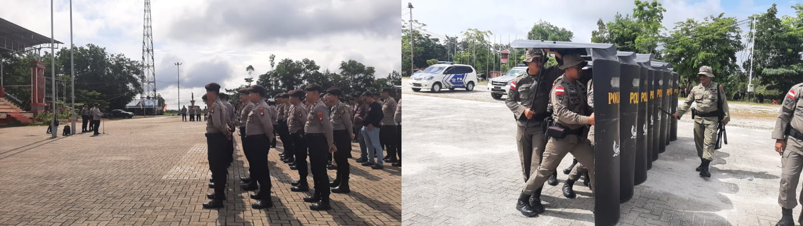 SIMULASI : Persiapan simulasi pengamanan Pilkada dan peragaan membentuk tameng sebagai antisipasi huru hara.