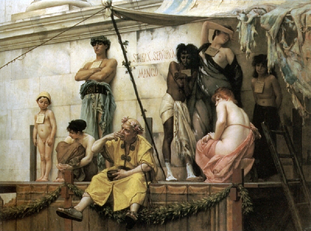 PASAR BUDAK: Pasar budak selama masa Kekaisaran Romawi sebagaimana digambarkan dalam lukisan karya Gustave Boulanger. THE HISTORY PRESS