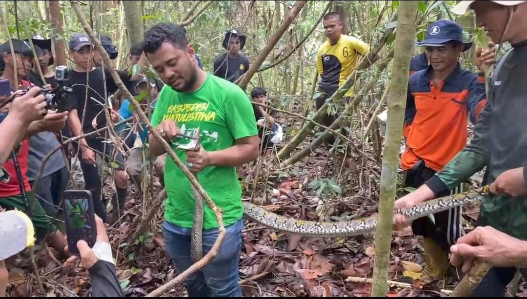 TANGKAP ULAR: Panji Petualang Saat memberikan edukasi menghadapi reptil kepada sejumlah elemen masyarakat di Desa Tri Mandayan, Kecamatan Teluk Keramat, Kamis (22/8).(Istimewa)