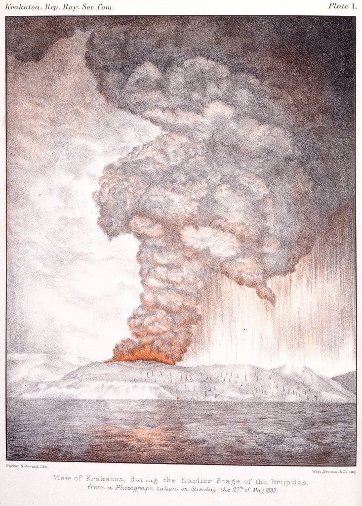 LUKISAN LETUSAN: Lanskap gunung berapi Krakatau pada 1883 menunjukkan gumpalan material yang dikeluarkan dan abu yang jatuh. THE ROYAL SOCIETY