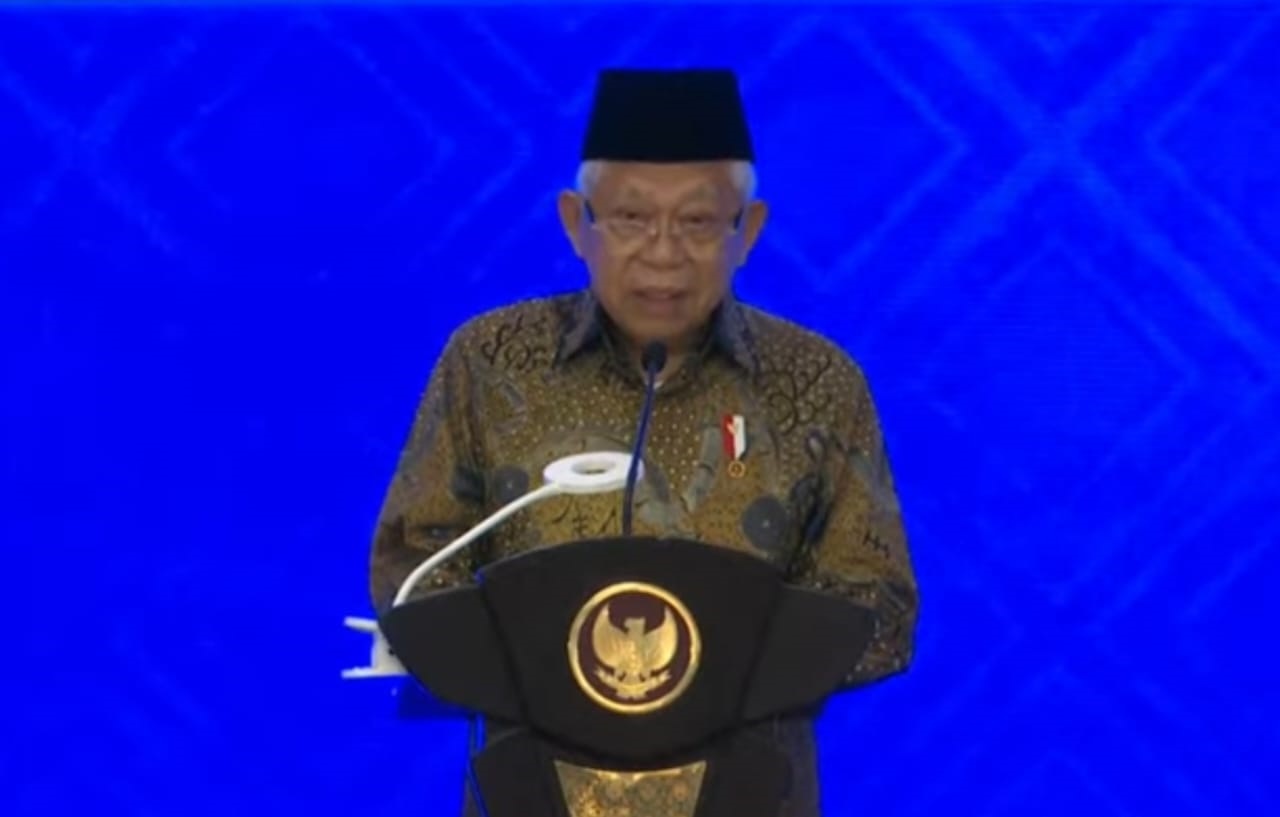 PEMBUKAAN: Wakil Presiden (Wapres) KH Ma&rsquo;ruf Amin selaku Ketua Pengarah Tim Percepatan Penurunan Stunting (TPPS) saat membuka Rakornas.