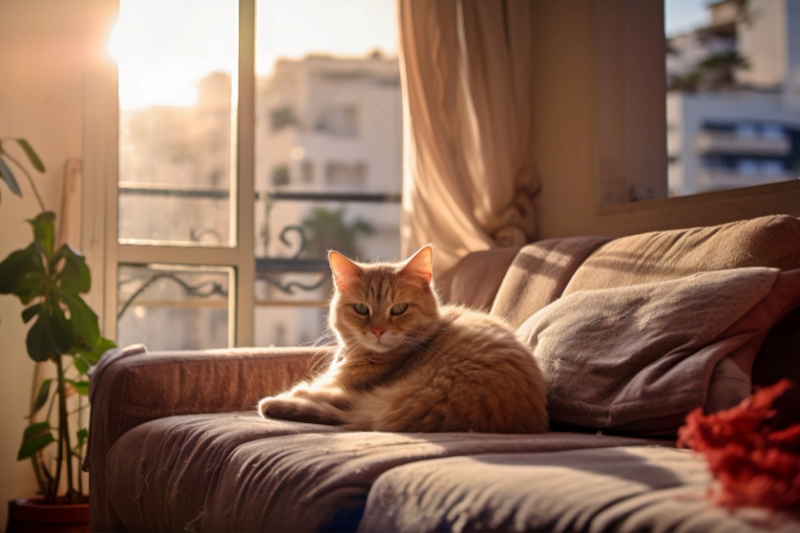 Ilustrasi kucing di atas sofa.