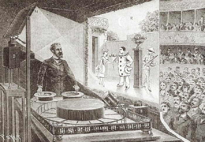 ANIMASI PERTAMA: Theatre Optique dan penemunya Emile Reynaud (1844 &ndash; 1918) dengan adegan dari Pauvre Pierro.