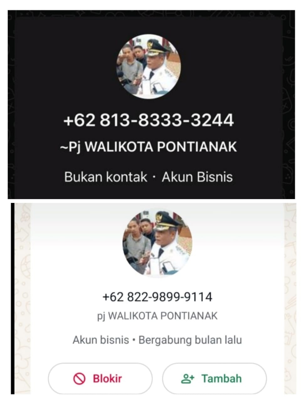 PALSU: Tangkapan layar dari nomor WhatsApp yang mengatasnamakan Pj Wali Kota Pontianak Edi Suryanto.