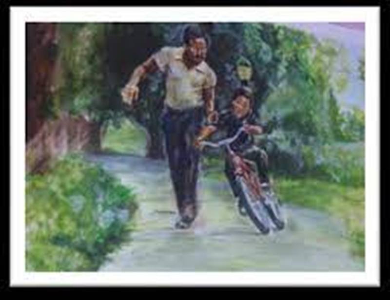 BELAJAR BERSEPEDA: Tampah sebuah lukisan seorang ayah sedang mengajari anaknya bermain sepeda.