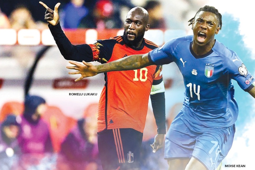 Penyerang Belgia Romelu Lukaku dan Penyerang Italia Moise Kean.