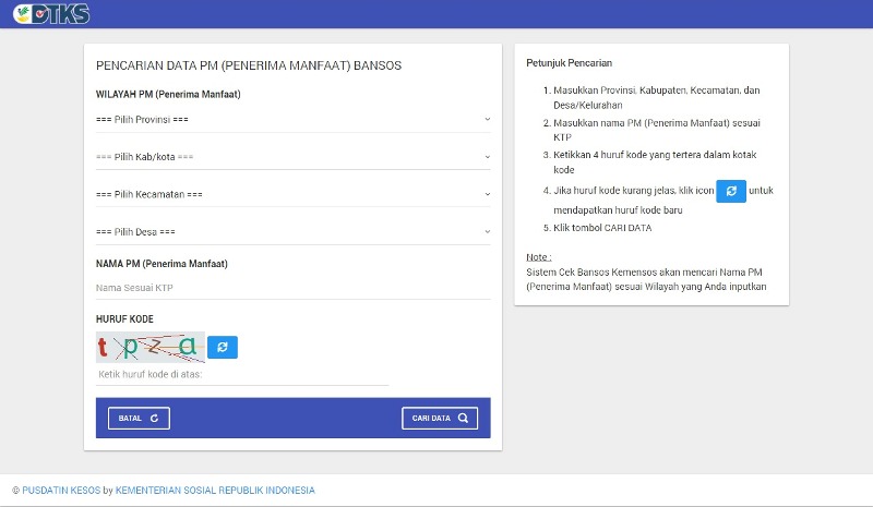 Tangkapan layar laman cekbansos.kemensos.go.id untuk mengetahui status penerima bansos 2025.