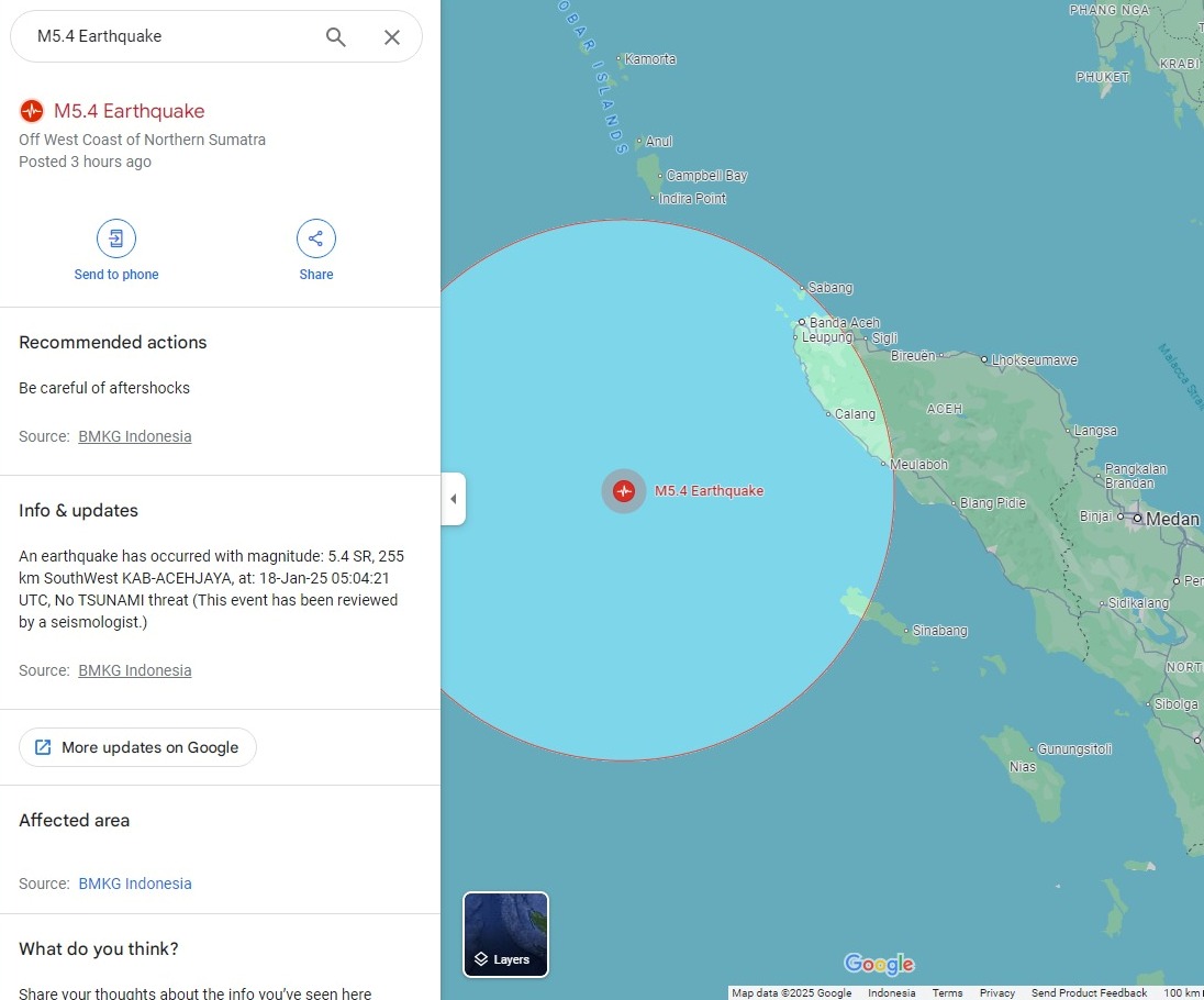 Peta pusat gempa bumi bermagnitudo 5,4 yang terletak di laut pada kedalaman 33 kilometer dengan koordinat  3,75&deg; LU ; 94,15&deg; BT pada Sabtu (18/1).