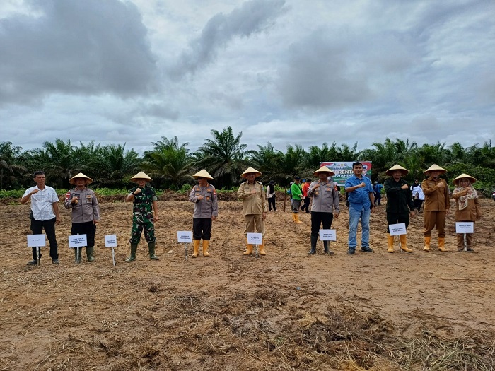 DIABADIKAN : Kapolres Kubu Raya, Pj Bupati, Dandim 1207, dan sejumlah pihak tanam jagung serentak di Desa Tanjung Wangi, Rasau Jaya, pada Senin (21/1).
