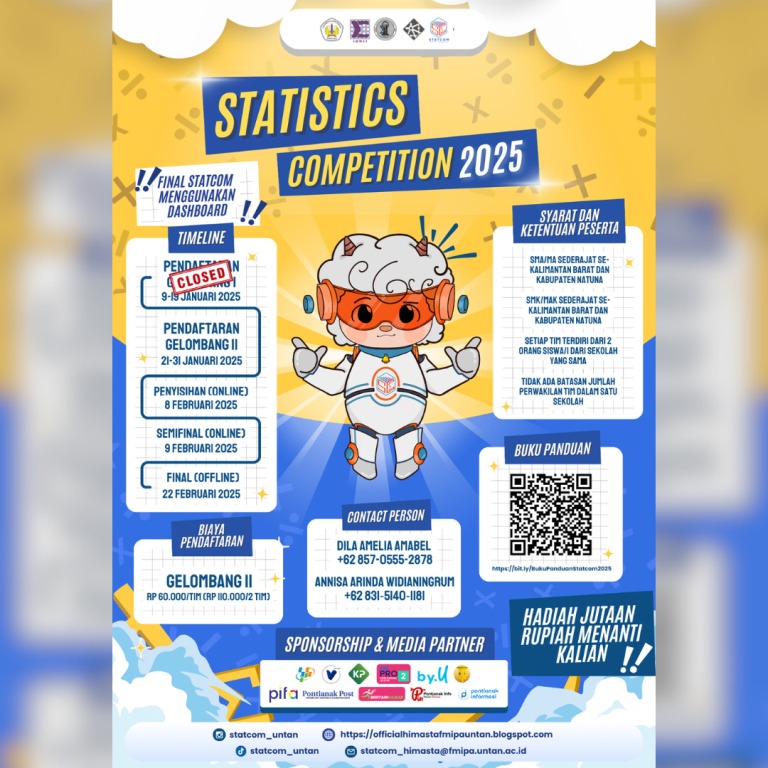 Statistics Competition (Statcom) 2025 kembali hadir sebagai ajang kompetisi bergengsi yang ditujukan untuk pelajar SMA/MA dan SMK/MAK.