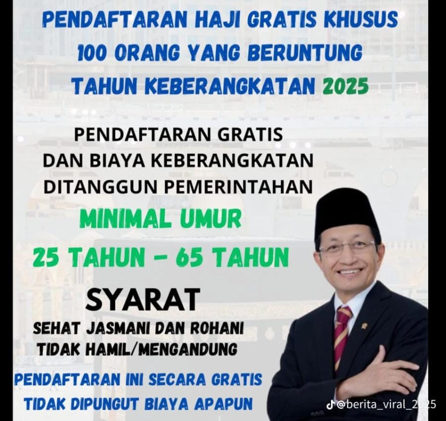 Unggahan yang beredar di media sosial yang menyebutkan Kemenag membuka pendaftaran haji gratis.