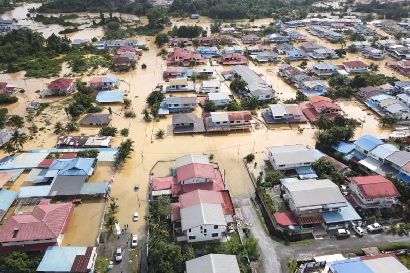 Kondisi banjir di Taman Bukit Orang, Bintulu Sarawak Malaysia pada Kamis (30/1).