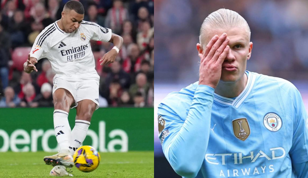 Penyerang Real Madrid Kyllian Mbappe (kiri) dan Penyerang Manchester City Erling Haaland.