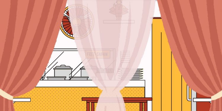 Ilustrasi warung menggunakan tirai selama bulan puasa.