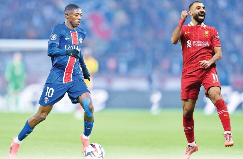 DUEL: Ousmane Dembele (Ligue 1) dan Mohamed Salah (Liverpool FC) saling berhadapan memperebutkan pemuncak daftar pencetak gol terbanyak di liga elite Eropa.