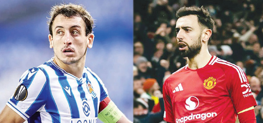 DUEL KAPTEN: False nine Real Sociedad Mikel Oyarzabal dan gelandang serang Manchester United Bruno Fernandes bakal berhadapan dalam first leg 16 besar Liga Europa di Reale Arena,