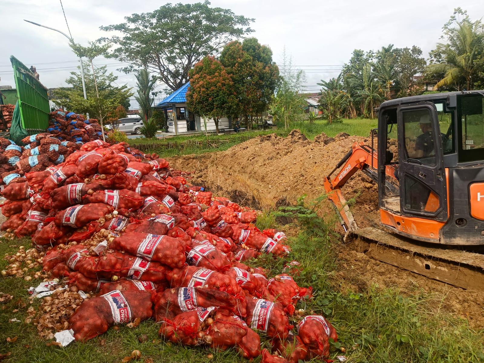Bea Cukai Kalimantan Bagian Barat dan TNI AL memusnahkan sebanyak 47 ton bawang Bombay ilegal asal New Zealand, Jumat (14/3).