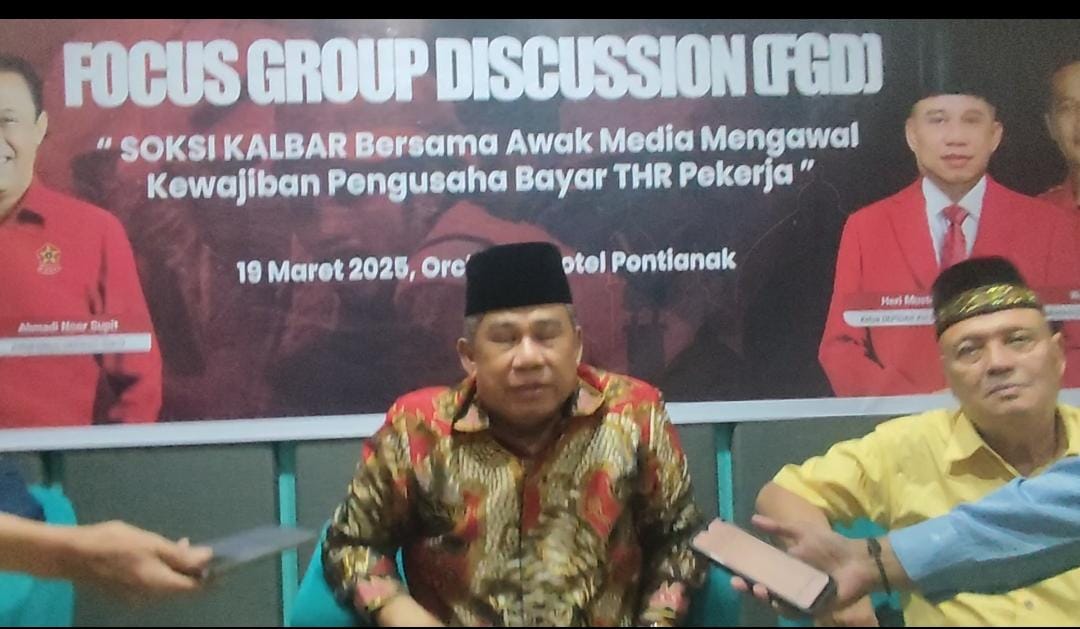 Heri Mustamin, Ketua Dewan Pimpinan Daerah (Depidar) Sentral Organisasi Karyawan Swadiri Indonesia (SOKSI) Kalbar periode 2025-2030 di acara FGD di Orchardz Hotel Gajah Mada Pontianak.