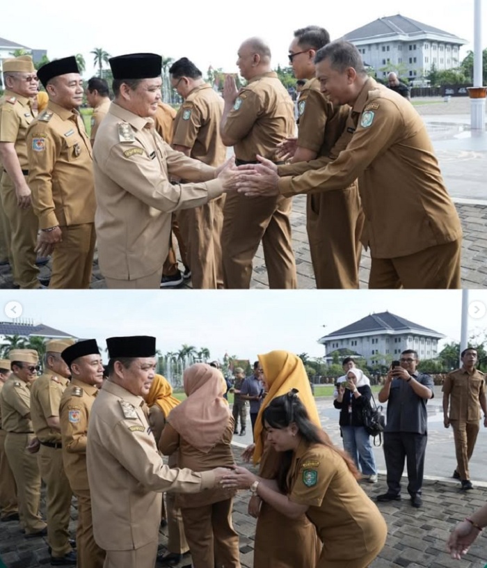 SALAMAN: Usai apel perdana, di bulan April setelah libur panjang Idulfitri 1446 H, sejumlah ASN bersalam-salaman saling maaf-memafkan dengan Gubernur dan Wakil Gubernur Kalbar.